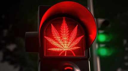 Cannabis leaf on red traffic light. Cannabis and marijuana prohi - obrazy, fototapety, plakaty