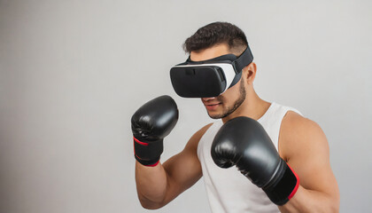 A boxer in 3D virtual reality glasses is engaged in boxing. Digital technology in sport