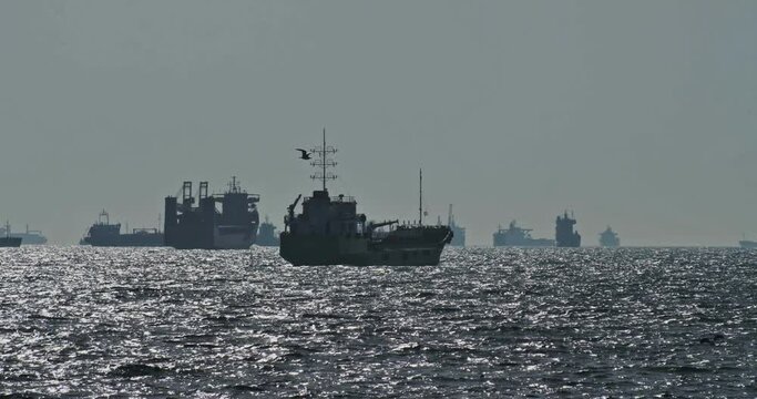 Ships in the roadstead near the port. The sea surface glistens in the rays of the sunset. Slow motion. Seagulls are buzzing around the ships