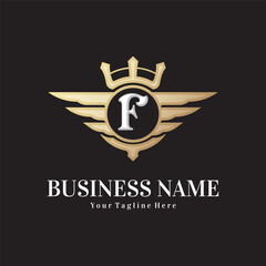 Classic letter F and golden wing royal crown logo vector design template