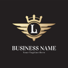 Classic letter L and golden wing royal crown logo vector design template
