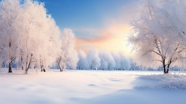 winter landscape, the background is painted in a pristine white as the sun shines sky, casting a warm glow on the beautiful outdoor scene of snow covered trees and nature.