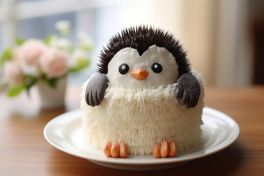 The cake with cream in the shape of a cute penguin makes it look very appetizing.