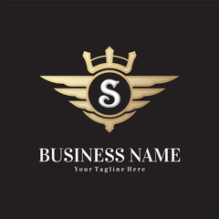 Classic letter S and golden wing royal crown logo vector design template