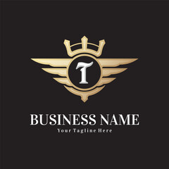 Classic letter T and golden wing royal crown logo vector design template