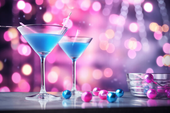 cocktail on white table, christmas tree and lights on background blue and pink, pastel created with Generative Ai