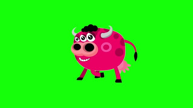 Cartoon monster cow with three eyes walking only loop greenbox. Additional start, stop and one step moves. Funny animal children animation isolated. Animated isolated character good for any use.
