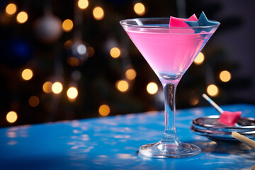 cocktail on white table, christmas tree and lights on background blue and pink, pastel created with Generative Ai