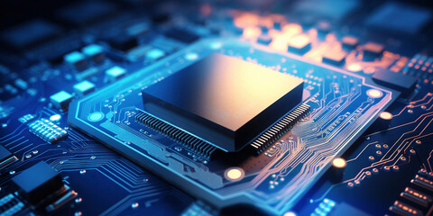 Fototapeta premium Heart of the Machine: Microprocessor in Cool Glow. Blue motherboard. Generative AI