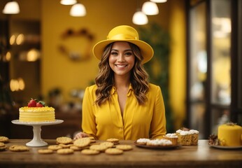 Charming beautifu women wearing yellow jacket and hat, cake on tabletop, blurred background 