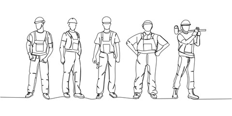 Set of builder in working uniform, protective overalls, hard hat, safety, instruments one line art. Continuous line drawing of repair, professional, hand, people, concept, support, maintenance.