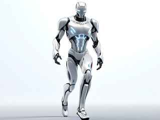 one modern futuristic humanoid robot made from white plastic walk on white background. alone android robot full length body walking on white backdrop. cyberspace. generative ai - obrazy, fototapety, plakaty