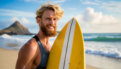 Caucasian beefy surfer bearded man with a surfboard near the sea. Sports and active recreation