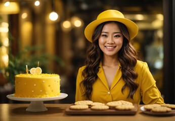 Charming beautiful asian women wearing yellow jacket and hat, cake on tabletop, blurred background 