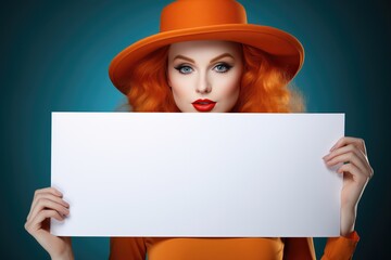 Surprise Very Attractive Woman With Hat, Orange Hair, Holding A Blank Sign
