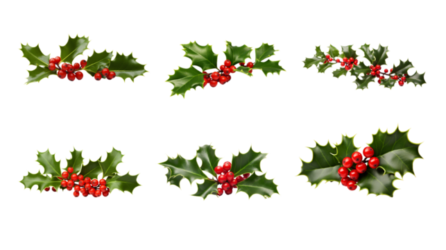 Collection of PNG. Christmas holly isolated on a transparent background.