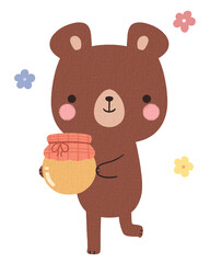 Happy cute brown bear holding a sweet honey pot hand drawn cartoon illustration isolated