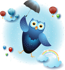 Sky landscape with flying owl with umbrella. Vector illustration eps10
