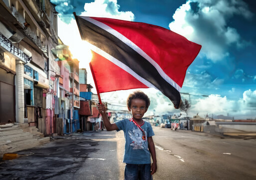 Trinidad and Tobago boy holding Trinidad and Tobago flag