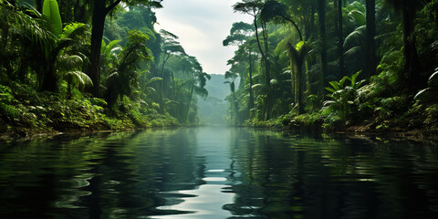 Fototapeta premium Tropical rainforest around river covered with mist. Generative AI