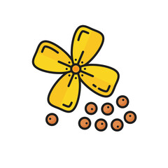 Mustard plant with yellow flower and pod, seeds condiment outline icon. Vector mustard sauce dressing ingredient, floral canola plant and grains