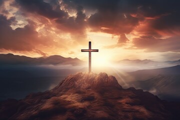 Christian cross on hill. Happy easter. Christian symbol of faith. Crucifix symbol on mountain...