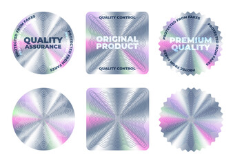Hologram stickers or quality labels and holographic tags, vector foil texture with holograph gradient. Holographic stickers or holograph foil labels, warranty product seals of original premium quality - obrazy, fototapety, plakaty