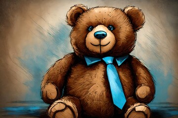 Brown teddy bear with cool blue tie.