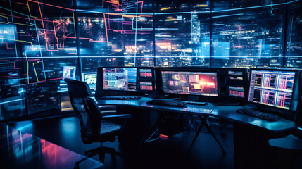 BIG DATA. Modern open space office interior blurred with information technology overlay. Finances.
