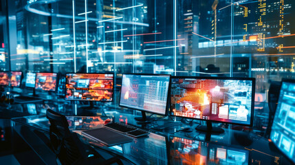 BIG DATA. Modern open space office interior blurred with information technology overlay. Finances.