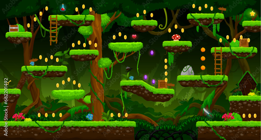 Poster arcade jungle rain, swamp or marsh game level map interface with platforms and coins, vector templat