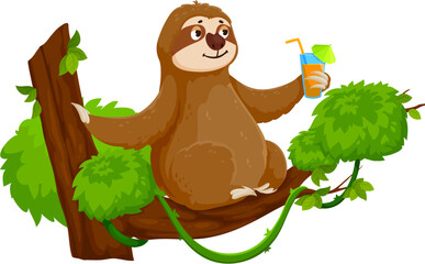 Fototapeta premium Cartoon funny sloth character enjoys tranquil relax on a tree branch with cocktail glass in hand. Isolated vector serene and lazy tropical animal personage capturing the essence of leisure and comfort