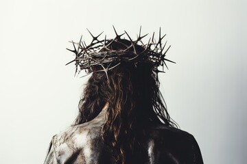 Jesus with bloody crown of thorns on His head over light background. Jesus Christ in agony praying before crucifixion. Good Friday, Passion, Easter concept. Gospel, salvation - 682201437