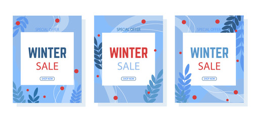 Set of winter sale banners template in blue colors with twigs. Flat winter vector illustration. Template for social media, banner, poster, flyer. Vector illustration