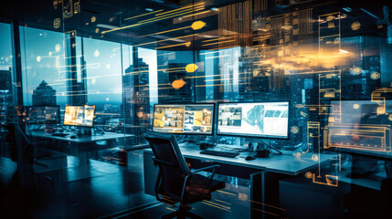 BIG DATA. Modern open space office interior blurred with information technology overlay. Finances.