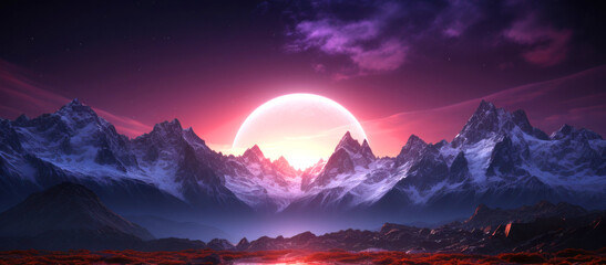 Abstract background with glowing circle over beautiful night mountains landscape