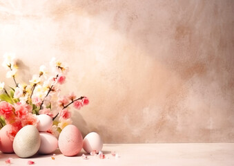Easter card with pink eggs and spring flowers on a light background, copyspace for text