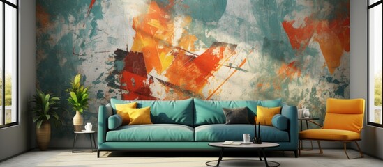 The abstract art illustration showcases a stunning background with a grunge texture and vibrant colors, created through brush strokes and eye-catching patterns. This design, reminiscent of a wall