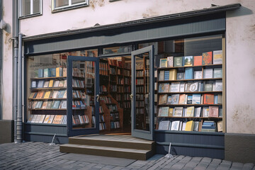 Bookstore shop exterior with books and textbooks in showcase. ge