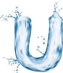 Realistic water font, letter U flow splash type, liquid aqua typeface, transparent wet english alphabet. Isolated vector typographic sign carved from flowing water reflecting light with watery shimmer - obrazy, fototapety, plakaty