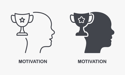 Motivation in Sport Silhouette and Line Icon Set. Human Head and Trophy Cup, Success Achievement Pictogram. Incentive to Development, Motivating Symbol Collection. Isolated Vector Illustration