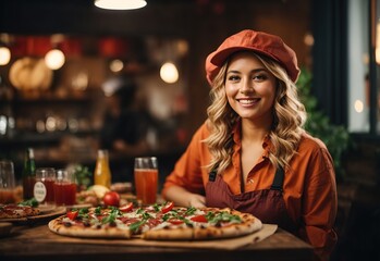 Beautiful chef women making pizza, Blurred restaurant on the background
