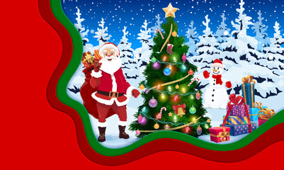 Christmas paper cut greeting card. Winter forest landscape, cartoon santa and snowman, pine tree and presents. Vector Xmas holiday papercut double exposition 3d frame with Father Noel and presents