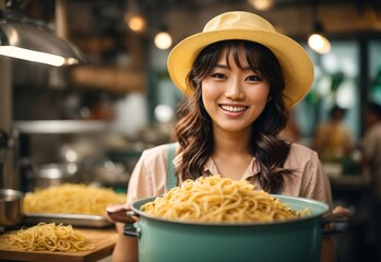 Asian women make pasta wearing apron, blurred kitchen on the background