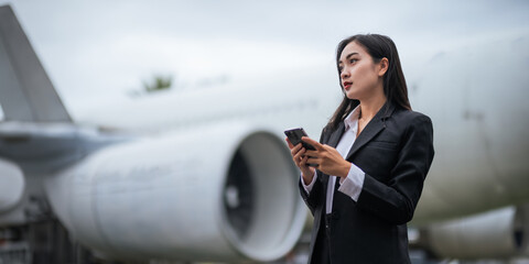 Successful business woman still traveling to work talking on mobile In the middle of the airport