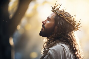 Jesus with bloody crown of thorns on His head over light background. Jesus Christ in agony praying before crucifixion. Good Friday, Passion, Easter concept. Gospel, salvation - obrazy, fototapety, plakaty