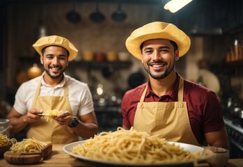 Men make pasta wearing apron, blurred kitchen on the background