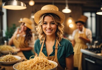 Women make pasta wearing apron, blurred kitchen on the background