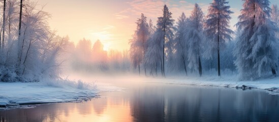 As the winter sun rose, illuminating the picturesque landscape, the vibrant blue sky reflected off the icy river, creating a stunning natural canvas for the tall trees in the European forest.
