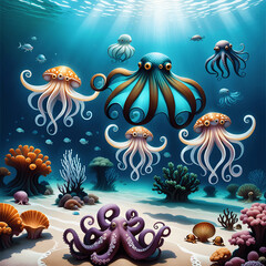 Fototapeta na wymiar intelligent squid with a lot of tentacle